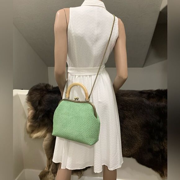 Handmade Genuine Nubuck Leather Embossed Wood Handle Kiss-lock Satchel Bag - Picture 8 of 13